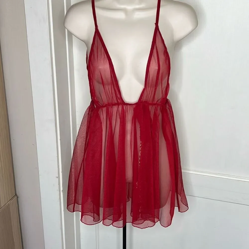 Red Garnet Mesh & Gold Chain Babydoll & G-String Small New